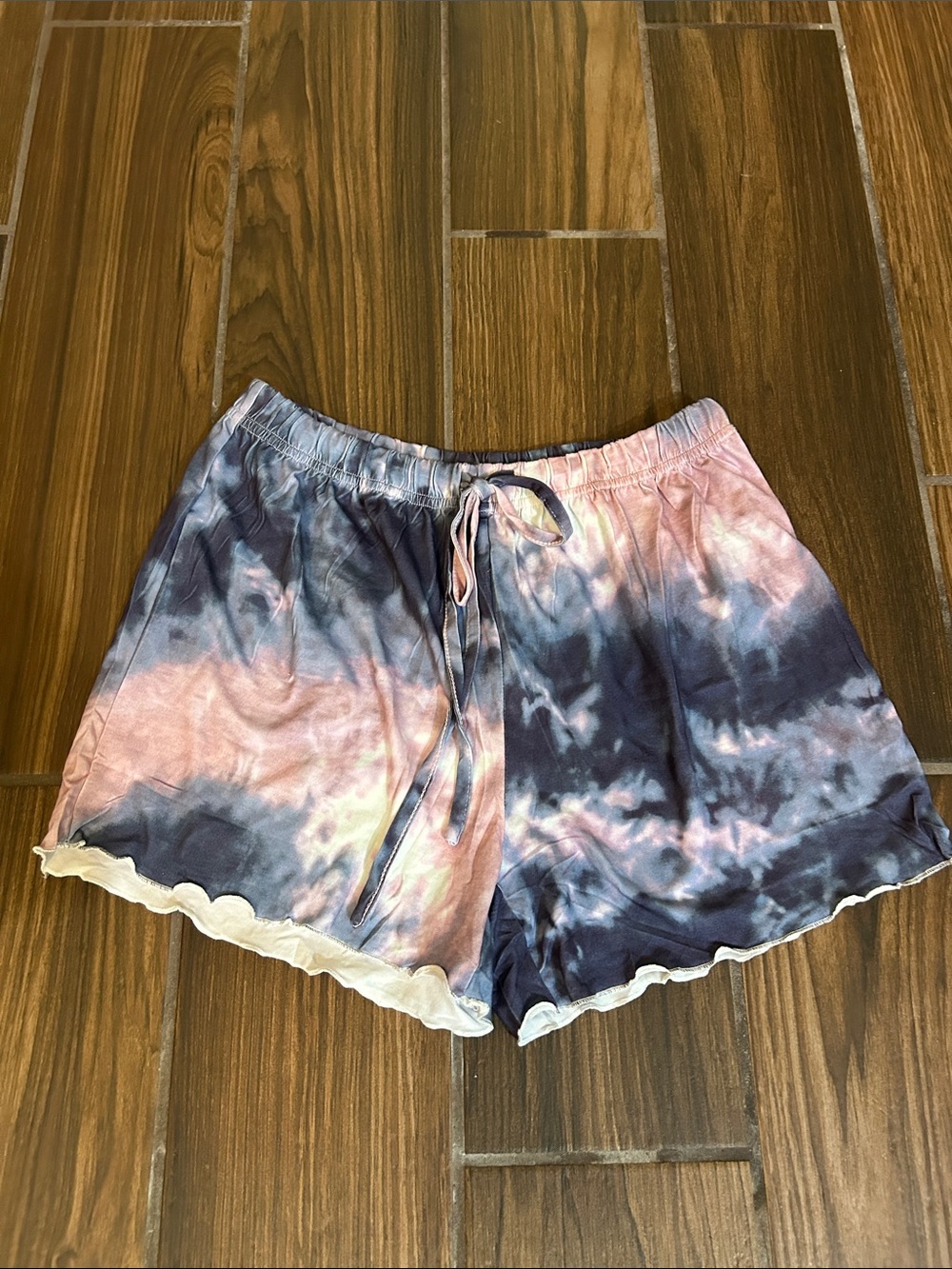 Tie-Dye Lounge Shorts in Pink & Blue with Scalloped Hem